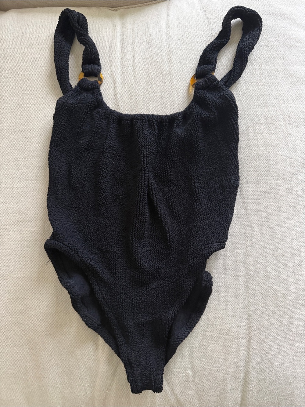 Hunza G Black Textured One-Piece Swimsuit with Ring-Strap Detail